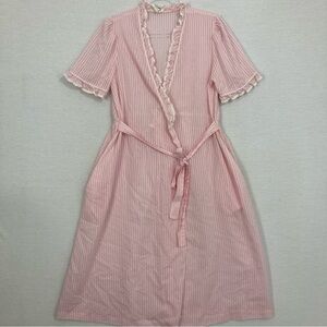Vintage Juli of Slumbertogs Pink Striped Lace Ruffle Belted Robe Small